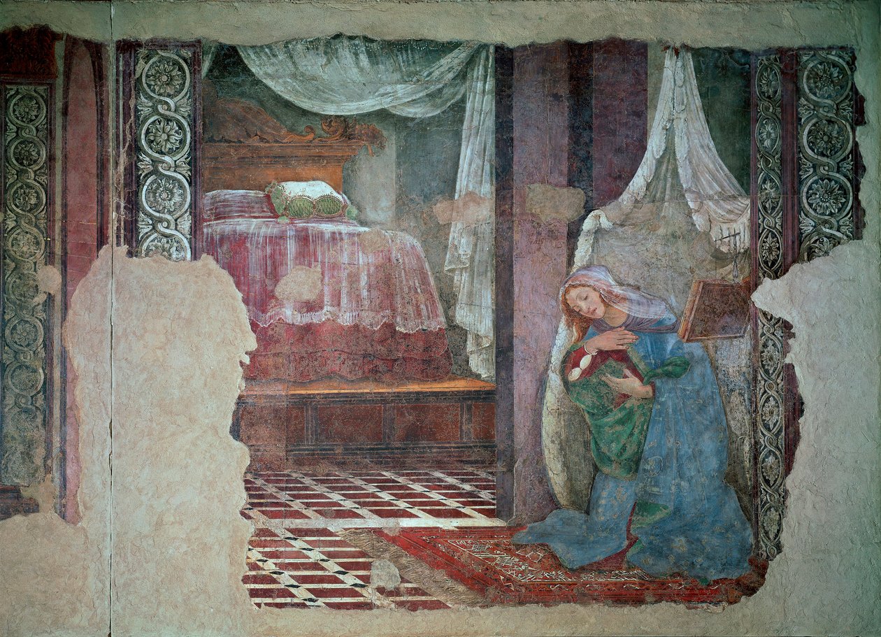 Bebudelsesdetaljens jomfru. Fresco af Alessandro di Mariano dei Filipepi dit Sandro Botticelli (1445-1510). 1481 søn. 245x535 cm Firenze, Uffizi-galleriet (kontorer) af Sandro Botticelli