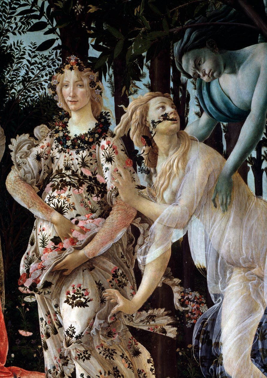 Foråret. Detalje: Zephyr griber nymfen Chloris iført et gennemsigtigt slør og Flora i sin blomsterkjole (maleri af Sandro Botticelli