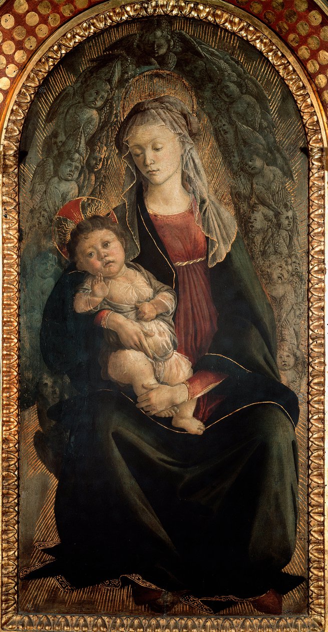 Jomfru og barn i herlighed omgivet af Seraphin-engle Detrempe på træ af Alessandro di Mariano dei Filipepi, dit Sandro Botticelli (1445-1510) 1469-1470 Dim.120x65 cm Florence Uffizi Gallery (Uffizi) af Sandro Botticelli