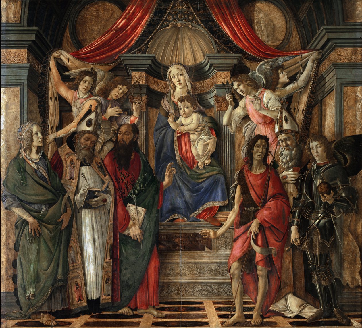 Jomfru og barn med hellige fra altertavlen i San Barnabas - Tempera på træ af Sandro Botticelli