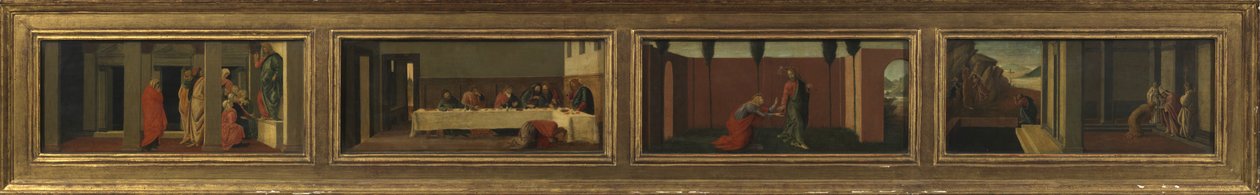 Scener fra Maria Magdalenes liv (fire predella-paneler - a. Kristusundervisning; b. fest i Simons hus; c. Noli me Tangere; d. Magdalenas sidste øjeblikke) af Sandro (after) Botticelli