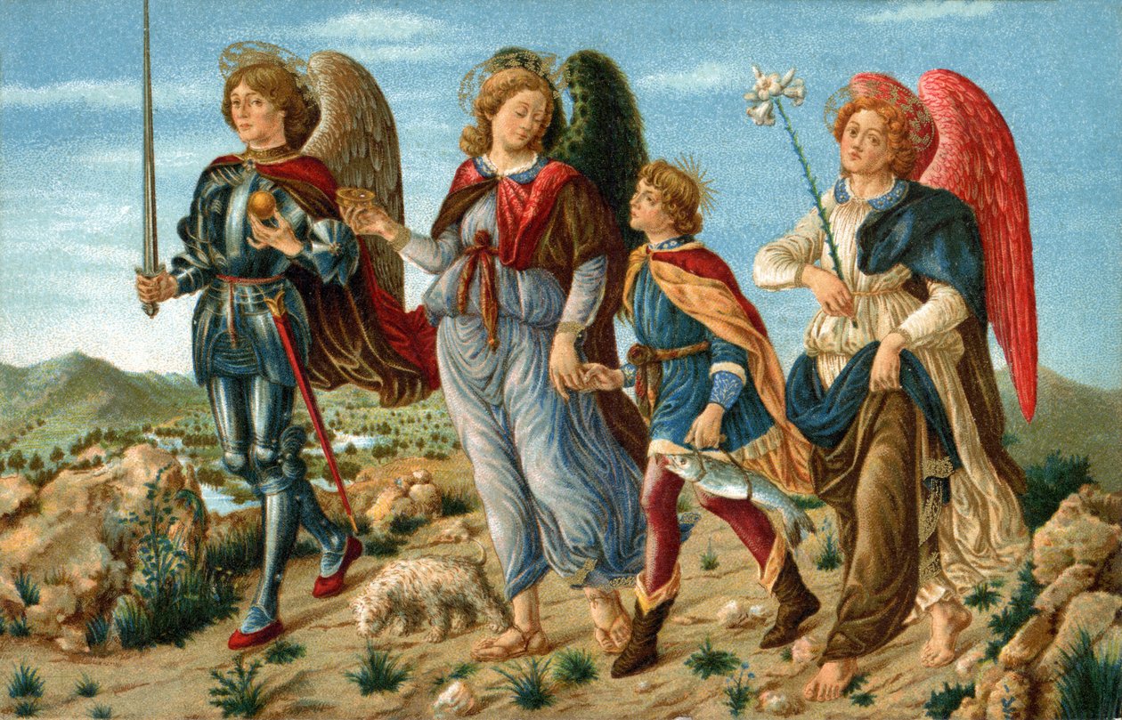 De tre ærkeengle og Tobie. Englene Raphael, Gabriel og Michel ledsager unge Tobie. Kromolitografi lavet omkring 1900 til postkort efter maleri af Sandro Botticelli (1445-1510). af Sandro (after) Botticelli