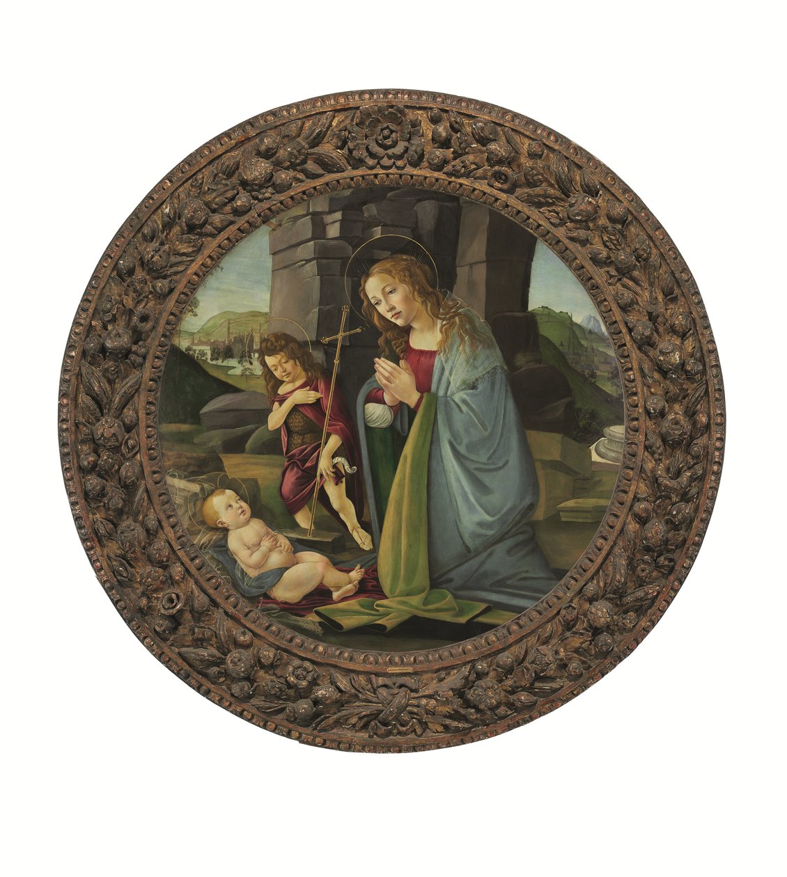 Madonna, der tilbeder Jesusbarnet med den unge Johannes Døberen (tempera og olie på panel) af Sandro (and workshop) Botticelli