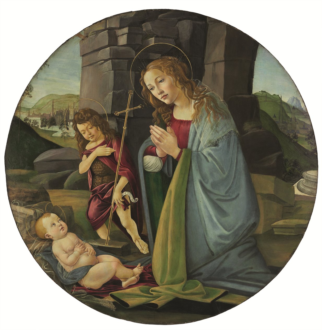 Madonna, der tilbeder Jesusbarnet med den unge Johannes Døberen (tempera og olie på panel) af Sandro (and workshop) Botticelli