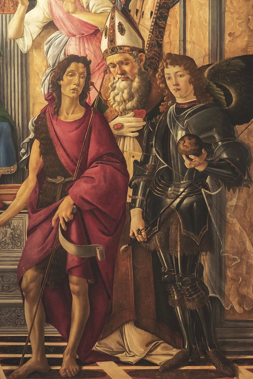 Altertavle, hovedpanel: tronende Madonna, fire engle og helgener af Sandro Botticelli