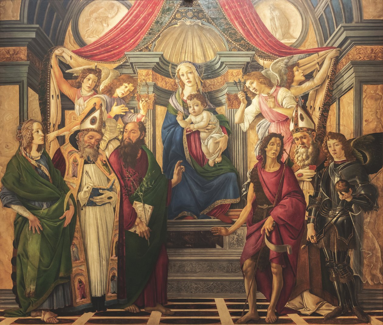 Altertavle, hovedpanel: tronende Madonna, fire engle og helgener af Sandro Botticelli