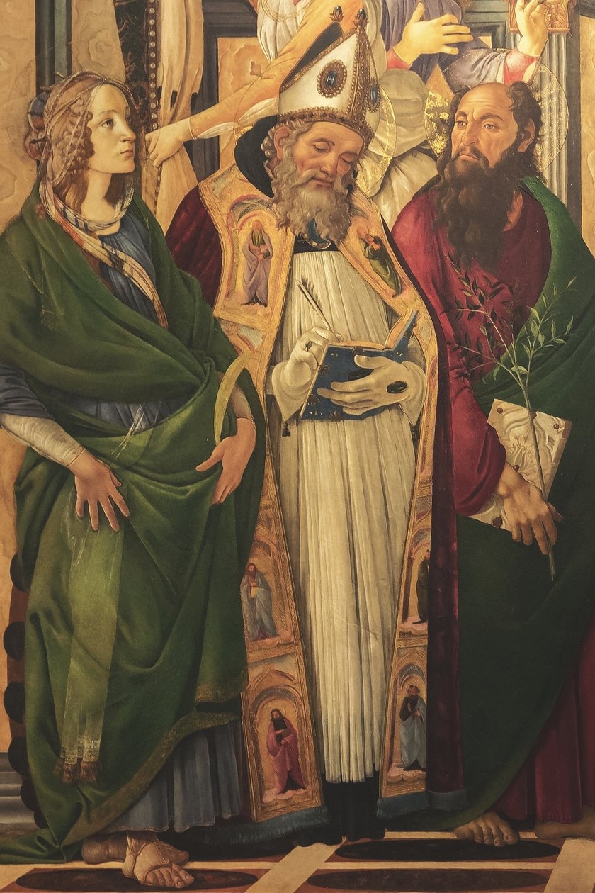 Altertavle, hovedpanel: tronende Madonna, fire engle og helgener af Sandro Botticelli