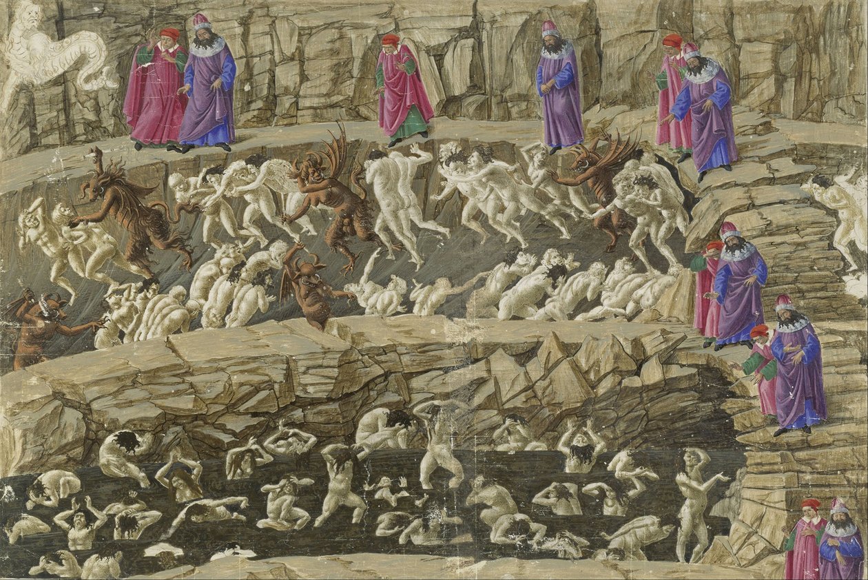 Canto XVIII, del af helvedes 8. cirkel, illustration fra Dantes "Inferno", ca. 1485 af Sandro Botticelli