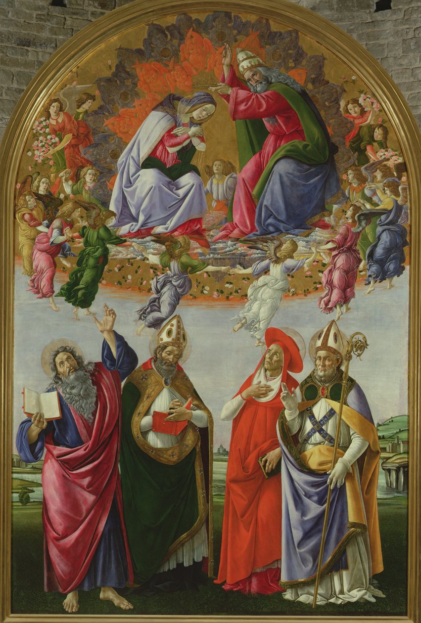 Jomfruens kroning (San Marco altertavle), 1490-92 (tempera på panel) af Sandro Botticelli