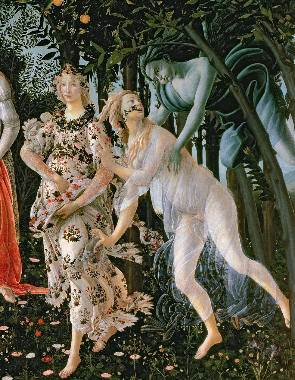 Detalje af Zephyr og Flora som forårets time, fra Primavera-temperaet på paneldetaljen fra 558 af Sandro Botticelli