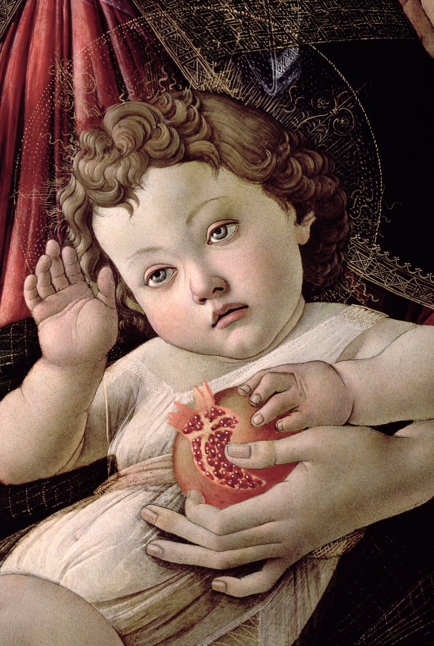 Detalje af Kristusbarnet fra Madonna of the Pomegranate tempera på panel se 44340 af Sandro Botticelli