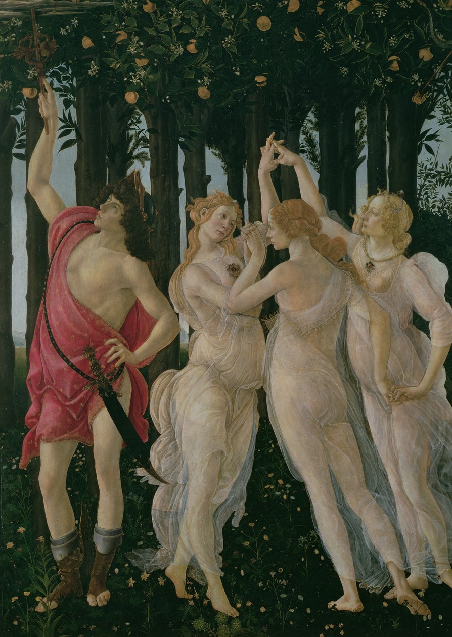 Detalje af de tre nåder og kviksølv, fra Primavera tempera på paneldetalje af 558 af Sandro Botticelli