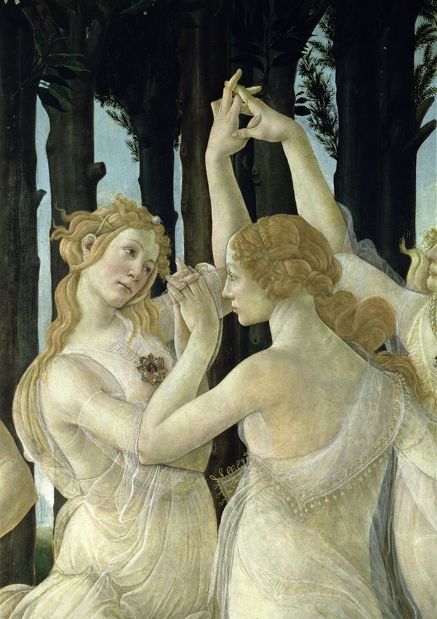Detalje af to af de tre nåder, fra Primavera tempera på paneldetalje af 558 af Sandro Botticelli