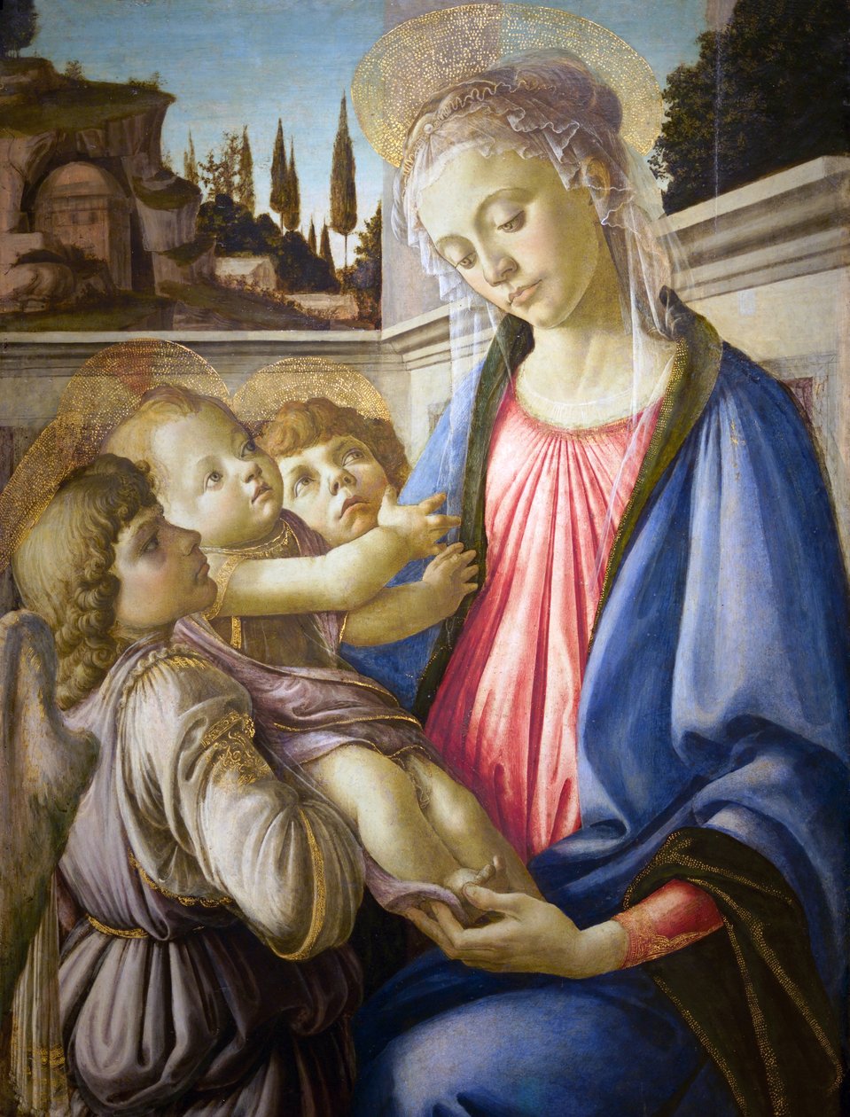 Italiensk:  Madonna col Bambino e due angeli Madonna med barn og to engle af Sandro Botticelli