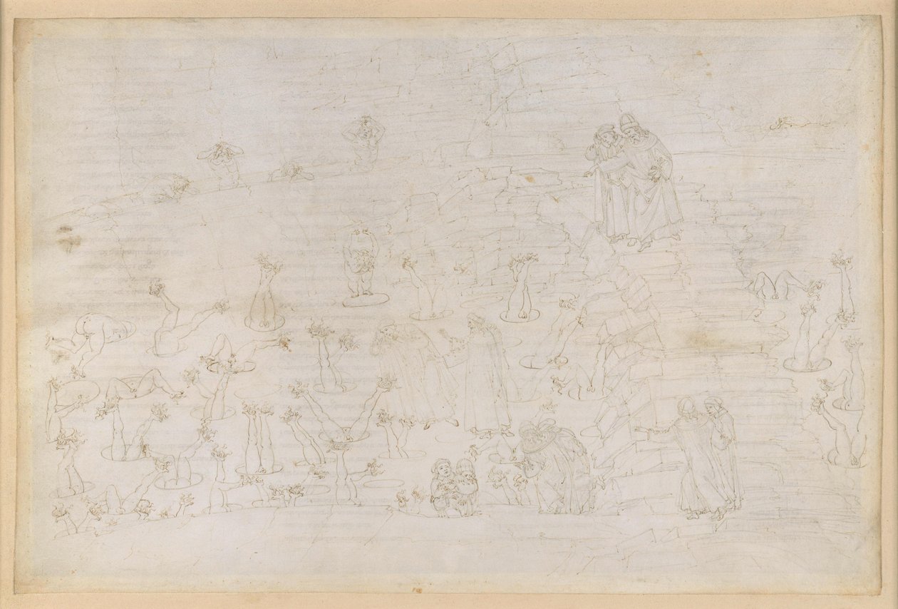 La Divina Commedia, Inferno XIX. Vergil og Dante i helvedets ottende kreds (Malebolge), 3. bolgia: Korrupte kirkelige embedsmænd, straffen for simonisterne af Sandro Botticelli