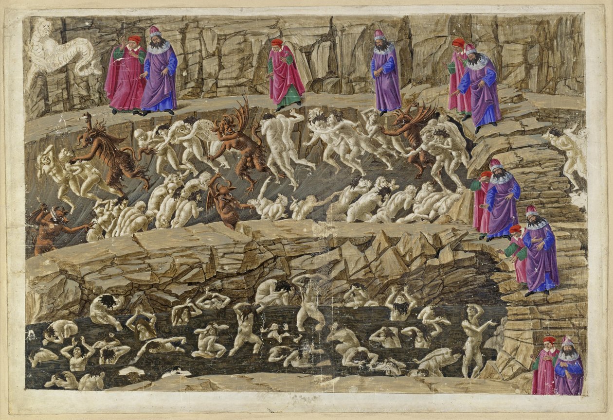 La Divina Commedia, Inferno XVIII. Vergil og Dante i helvedets ottende kreds (Malebolge), 1. og 2. bolgia: Straffen for alfonser og forførere, smigrere og prostituerede af Sandro Botticelli