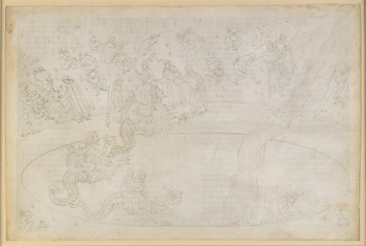 La Divina Commedia, Inferno XVII. Vergil og Dante i helvedets syvende kreds, 3. bane: Voldsmænd, der har handlet imod den guddommelige orden, i flammeørkenen; straffen for ågerkarlerne; nedstigning i dybet på Geryons ryg af Sandro Botticelli