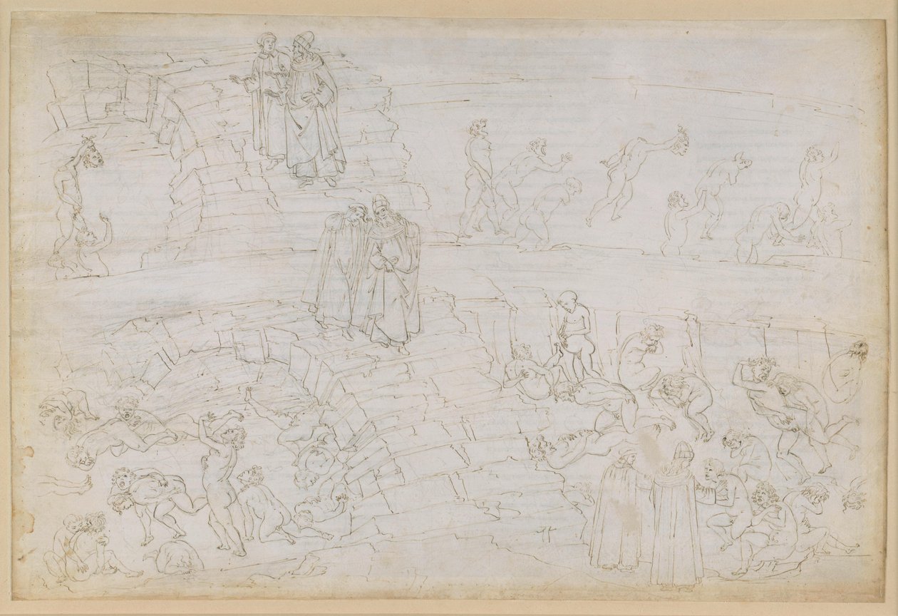 La Divina Commedia, Inferno XXIX. Vergil og Dante i helvedets ottende kreds (Malebolge), 10. bolgia: Straffen for falskmøntnere og alkymister af Sandro Botticelli