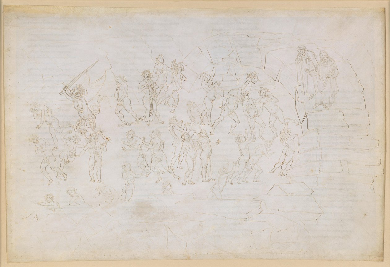 La Divina Commedia, Inferno XXVIII. Vergil og Dante i helvedets ottende kreds (Malebolge), 9. bolgia: Straffen for kættere og splittelsesmagere; mødet med Muhammed og Bertran de Born af Sandro Botticelli