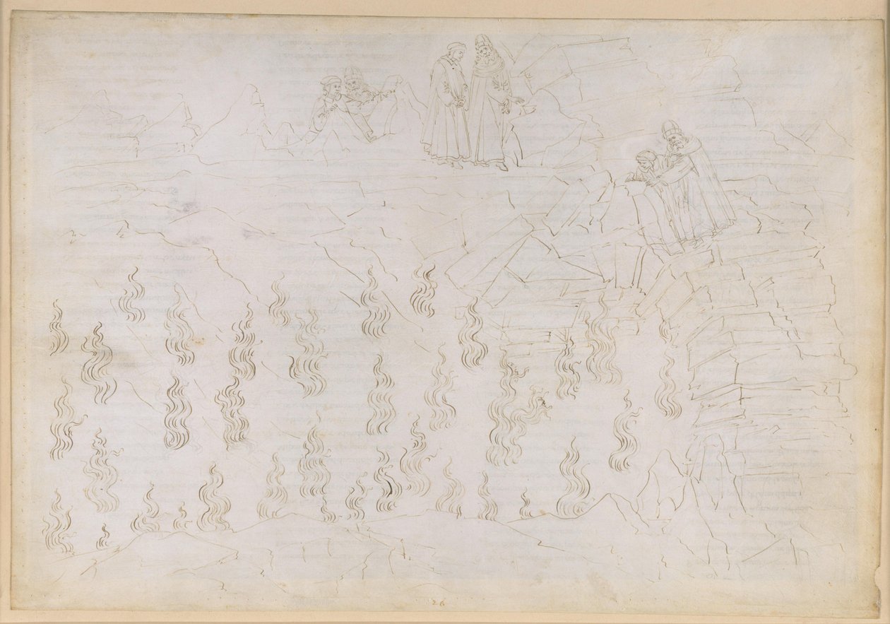 La Divina Commedia, Inferno XXVI. Vergil og Dante i helvedets ottende kreds (Malebolge), 8. bolgia: Straffen for de falske rådgivere; samtale med Odysseus af Sandro Botticelli