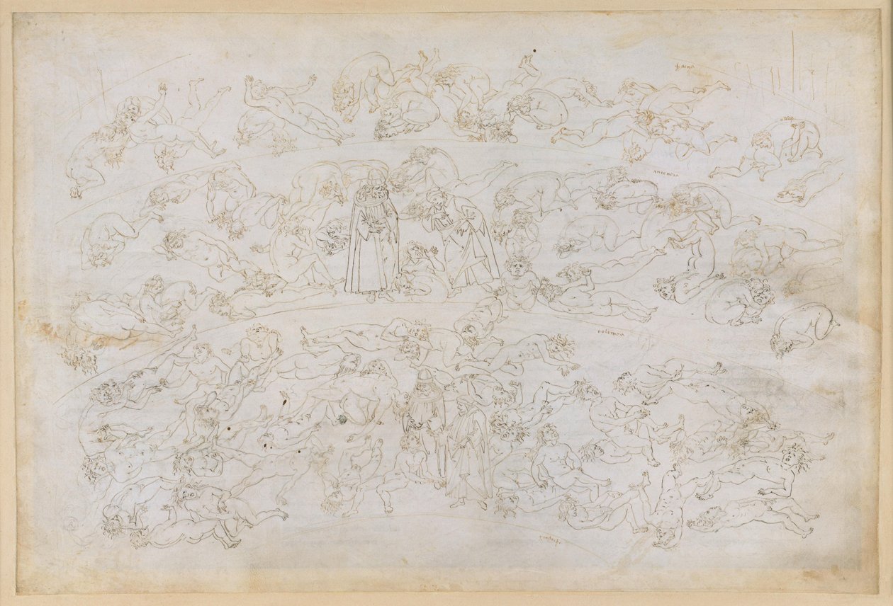 La Divina Commedia, Inferno XXXIII. Helvedets niende kreds (Cocytus), 3. afsnit: Grev Ugolinos anger; straffen for dem, der har forrådt deres gæster, i Ptolemæas is af Sandro Botticelli