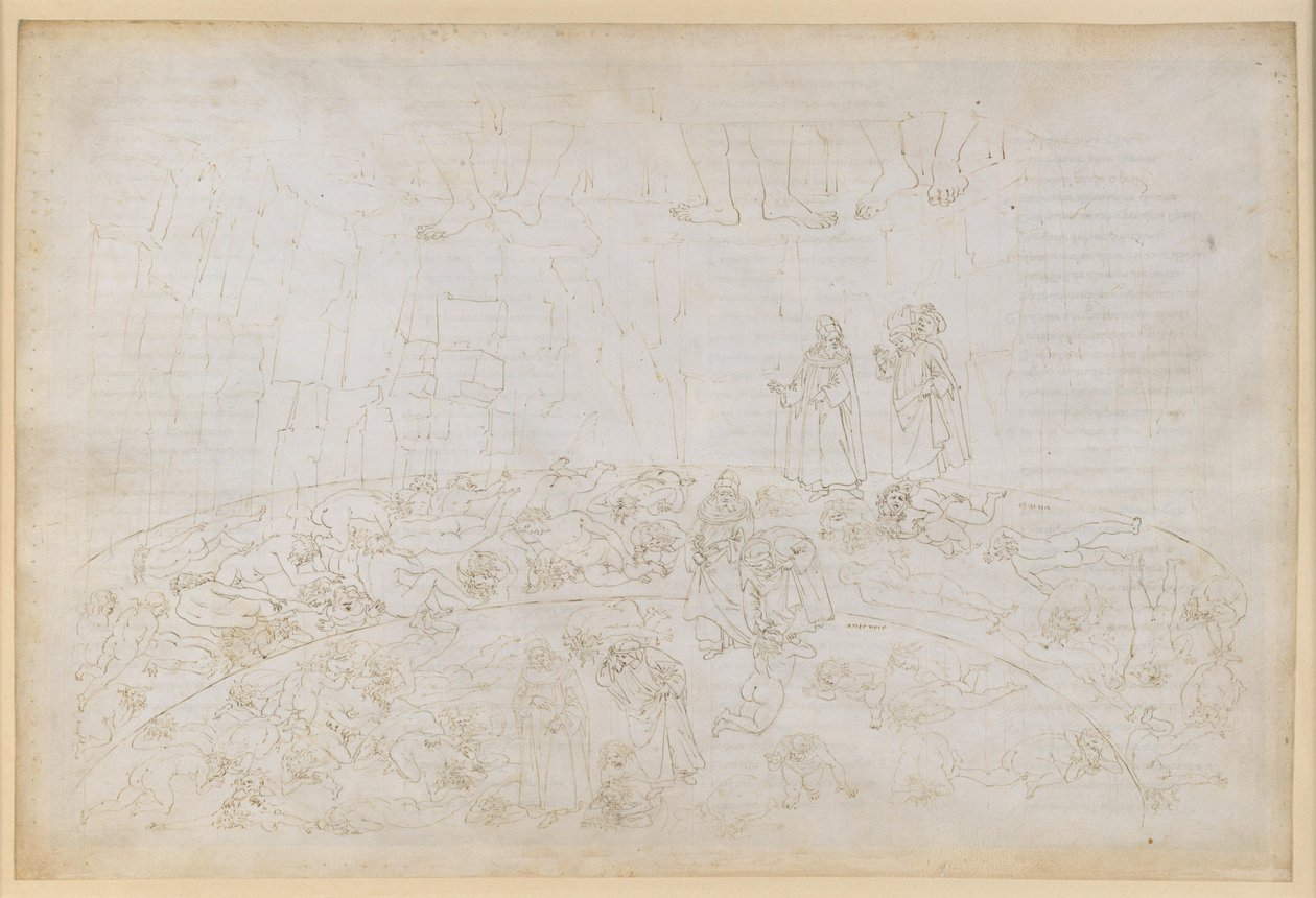 La Divina Commedia, Inferno XXXII. Den niende kreds (Cocytus), 1. og 2. afsnit: Straffen for forræderne mod deres slægtninge og fædreland i isen ved Caina og Antenora af Sandro Botticelli