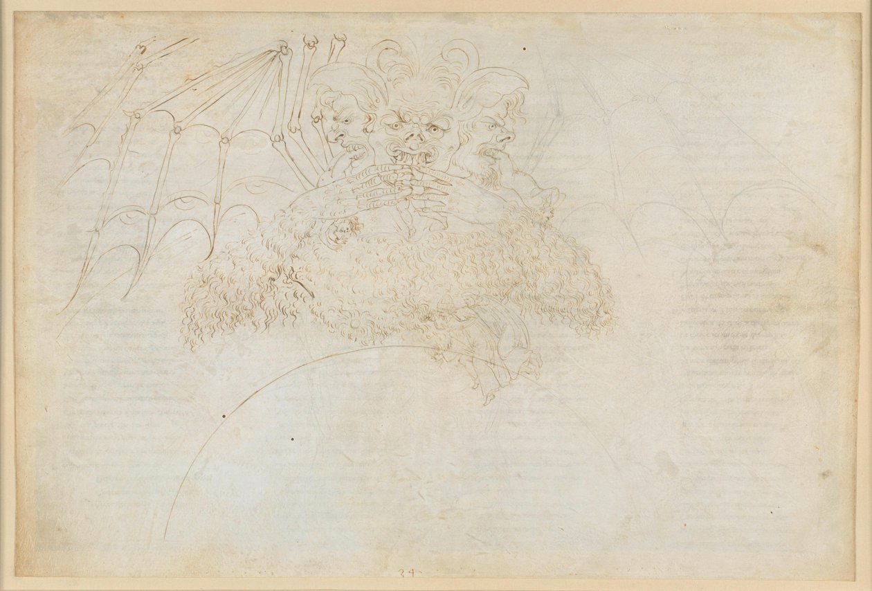La Divina Commedia, Inferno XXXIV (1): Helvedets centrum: Lucifer i isen på Giudecca, der knuser Judas, Brutus og Cassius af Sandro Botticelli