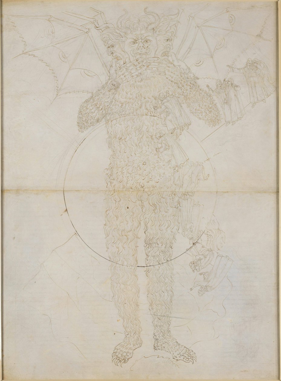 La Divina Commedia, Inferno XXXIV (2). Helvedets centrum: Lucifer i fuld størrelse (Den store Satan); Farvel til Inferno af Sandro Botticelli