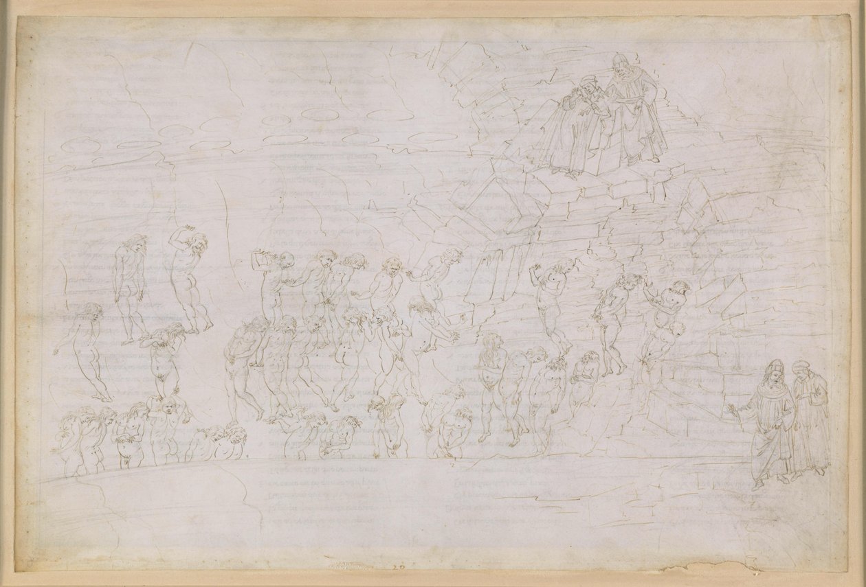 La Divina Commedia, Inferno XX. Vergil og Dante i helvedets ottende kreds (Malebolge), 4. bolgia: Straffen for troldmænd og spåmænd; mødet med Manto af Sandro Botticelli