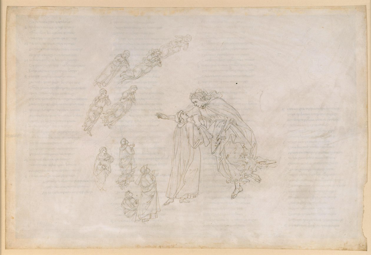 La Divina Commedia, Paradiso IV. Den første planetsfære (månehimlen): Beatrice forklarer Dante, hvor de salige egentlig befinder sig af Sandro Botticelli