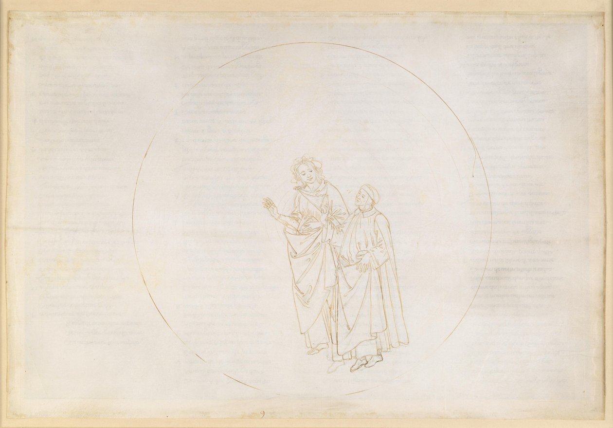 La Divina Commedia, Paradiso IX. Den tredje planetsfære (Venus’ himmel): Cunizza d’Romano og Folquet fra Marseille forklarer Dante om deres stjernes natur af Sandro Botticelli