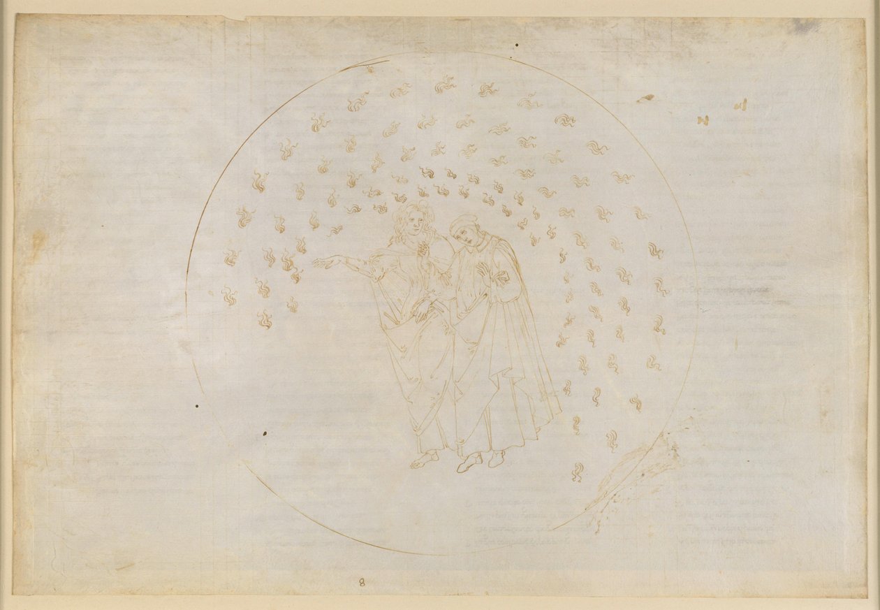 La Divina Commedia, Paradiso VIII. Den tredje planetsfære (Venus’ himmel): De elskendes rige; Karl Martells sjæl klager over sin familie og forklarer Dante årsagerne til menneskenes forskellighed af Sandro Botticelli