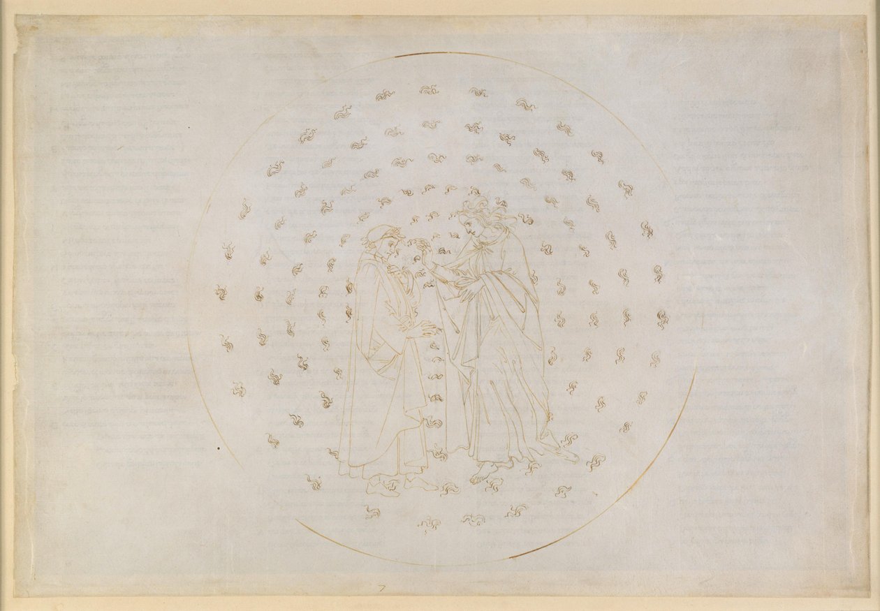 La Divina Commedia, Paradiso VII. Den anden planetsfære (Merkurs himmel): Beatrice indvier Dante i de vanskelige spørgsmål om den guddommelige retfærdighed samt den menneskelige arvesynd og forløsningen gennem Kristi død af Sandro Botticelli