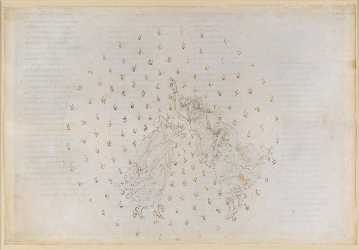 La Divina Commedia, Paradiso VI. Den anden planetsfære (Merkurs himmel): Justinian fortæller Dante historien om kejserdømmet og beretter om de retfærdiges sjæle i Merkur af Sandro Botticelli