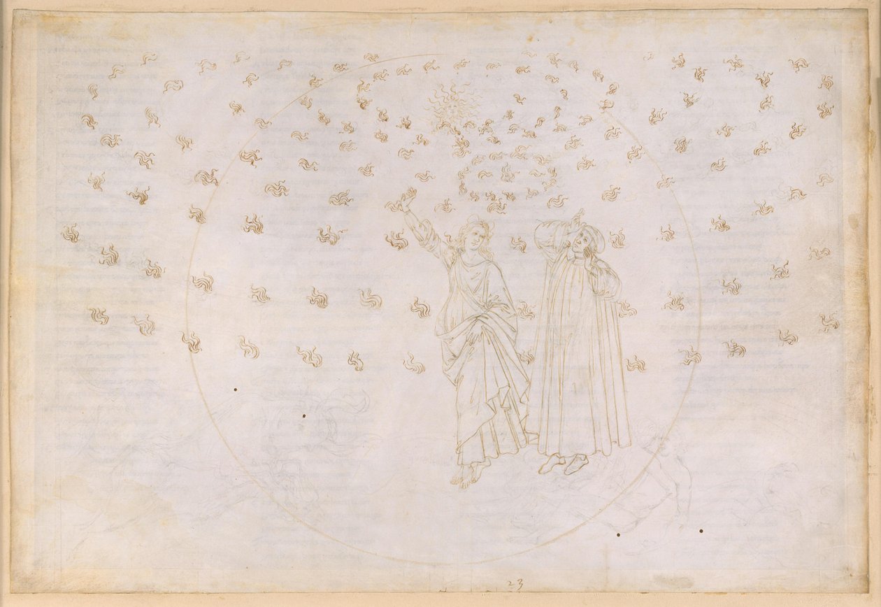 La Divina Commedia, Paradiso XXIII. Den ottende sfære (faststjernehimlen): Synet af Kristi triumf; Dante ser Beatrice i hendes sande skikkelse; Jomfru Marias dans og de tolv apostle af Sandro Botticelli