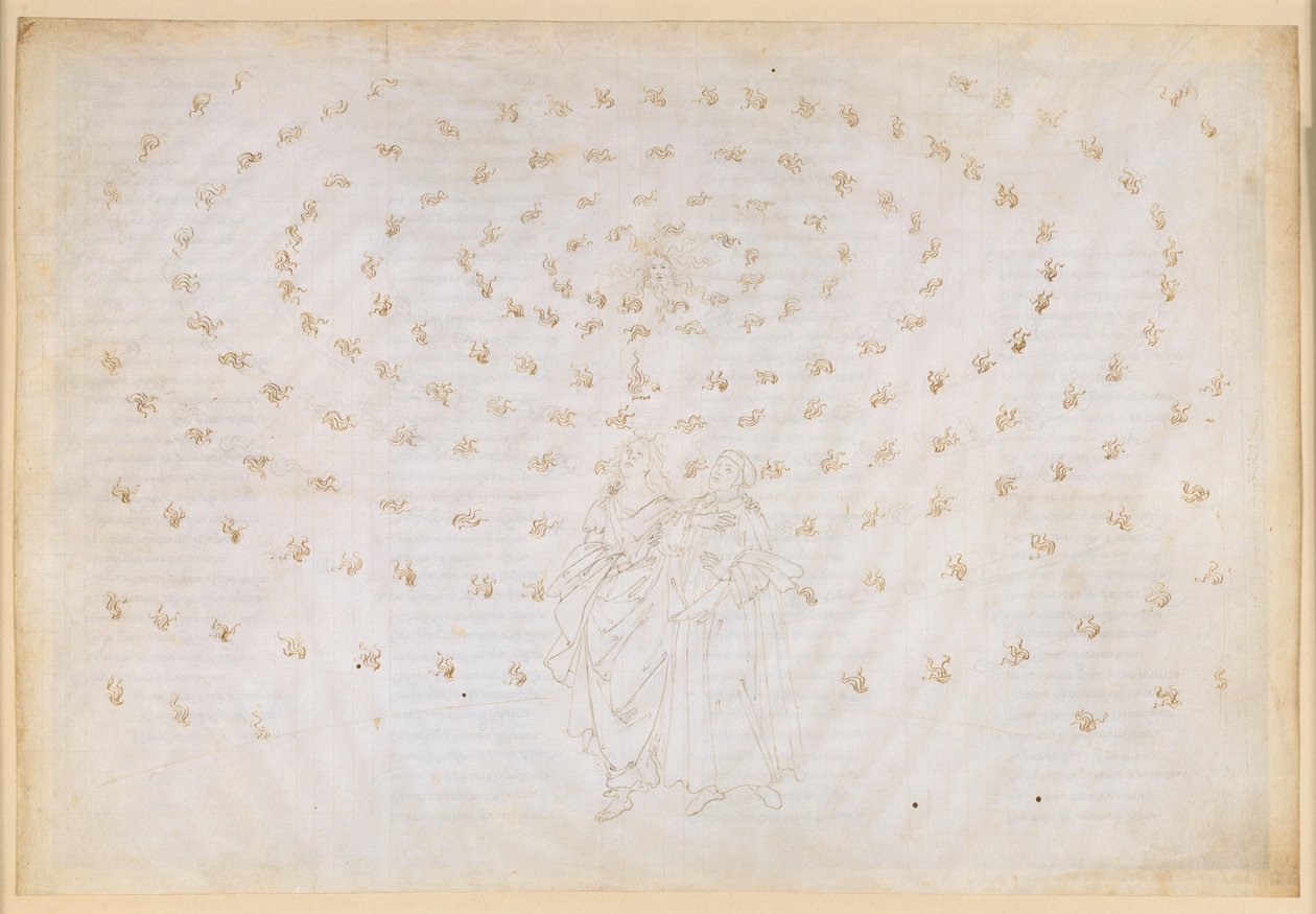 La Divina Commedia, Paradiso XXIV. Den ottende sfære (den faste stjernehimmel): Beatrice beder Petrus om at prøve sin elev i den sande tro, den første teologiske dyd; Dantes trosbekendelse af Sandro Botticelli