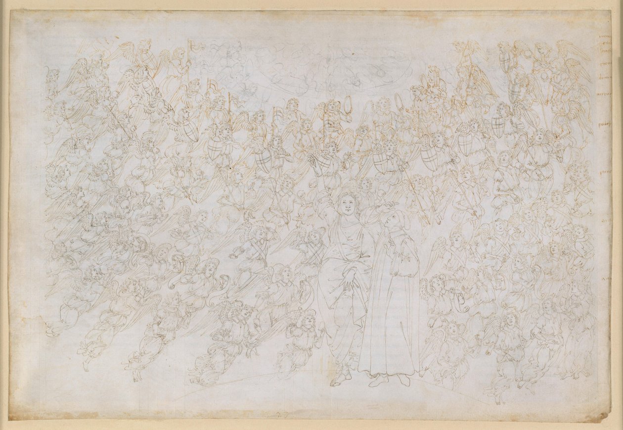 La Divina Commedia, Paradiso XXVIII. Den niende sfære (Krystalhimlen eller Primum Mobile): Dante ser Gud som et skarpt lysende punkt, omgivet af englekor; Beatrice forklarer sfærens hierarki og virkende kræfter af Sandro Botticelli