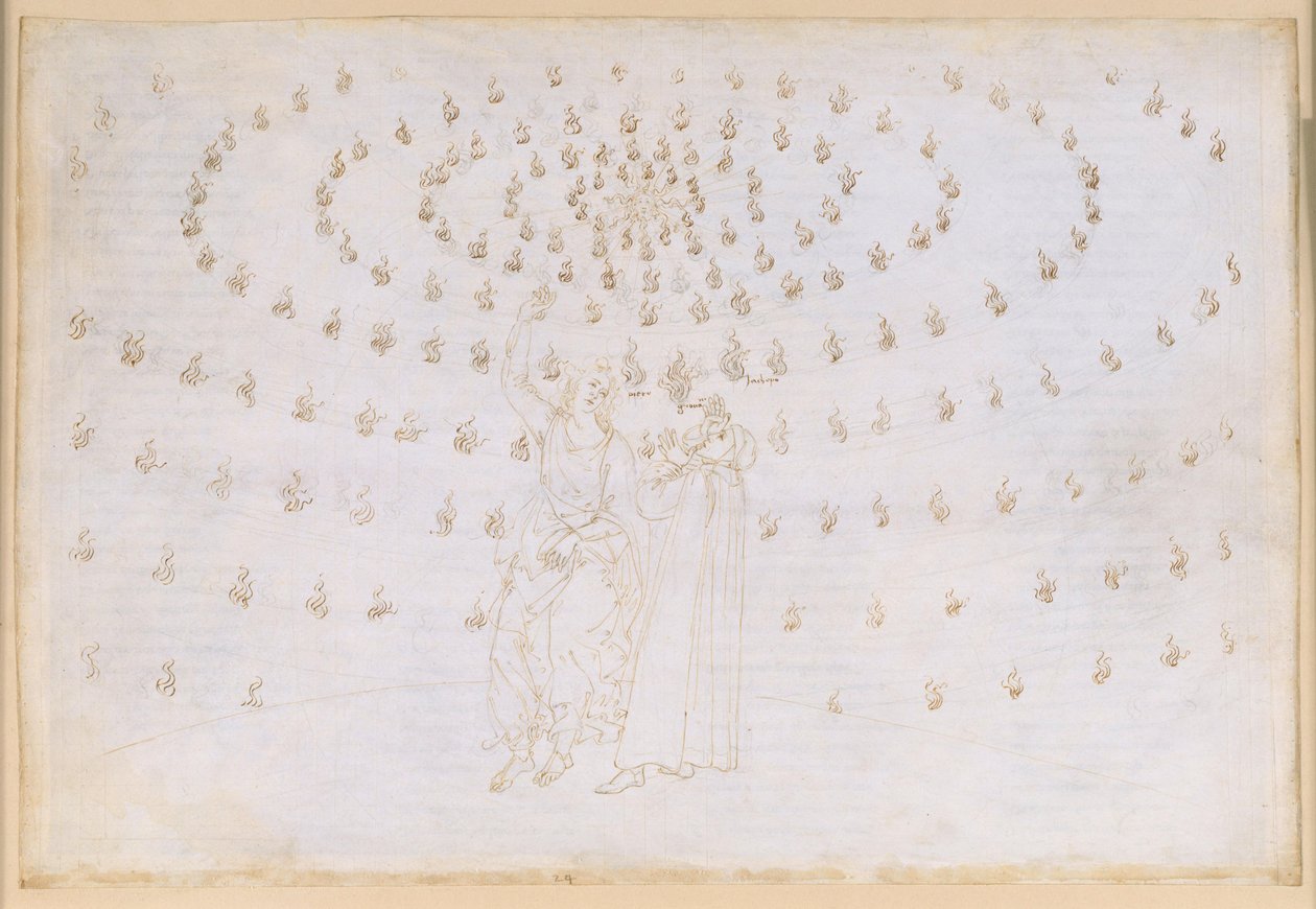 La Divina Commedia, Paradiso XXV. Den ottende sfære (faststjernehimlen): Jakobus sætter Dante på prøve i den anden teologiske dyd, håbet; Johannes Evangelistens fremtræden og hans tale om væsenernes tilstand i paradiset; Dantes blænding af Sandro Botticelli