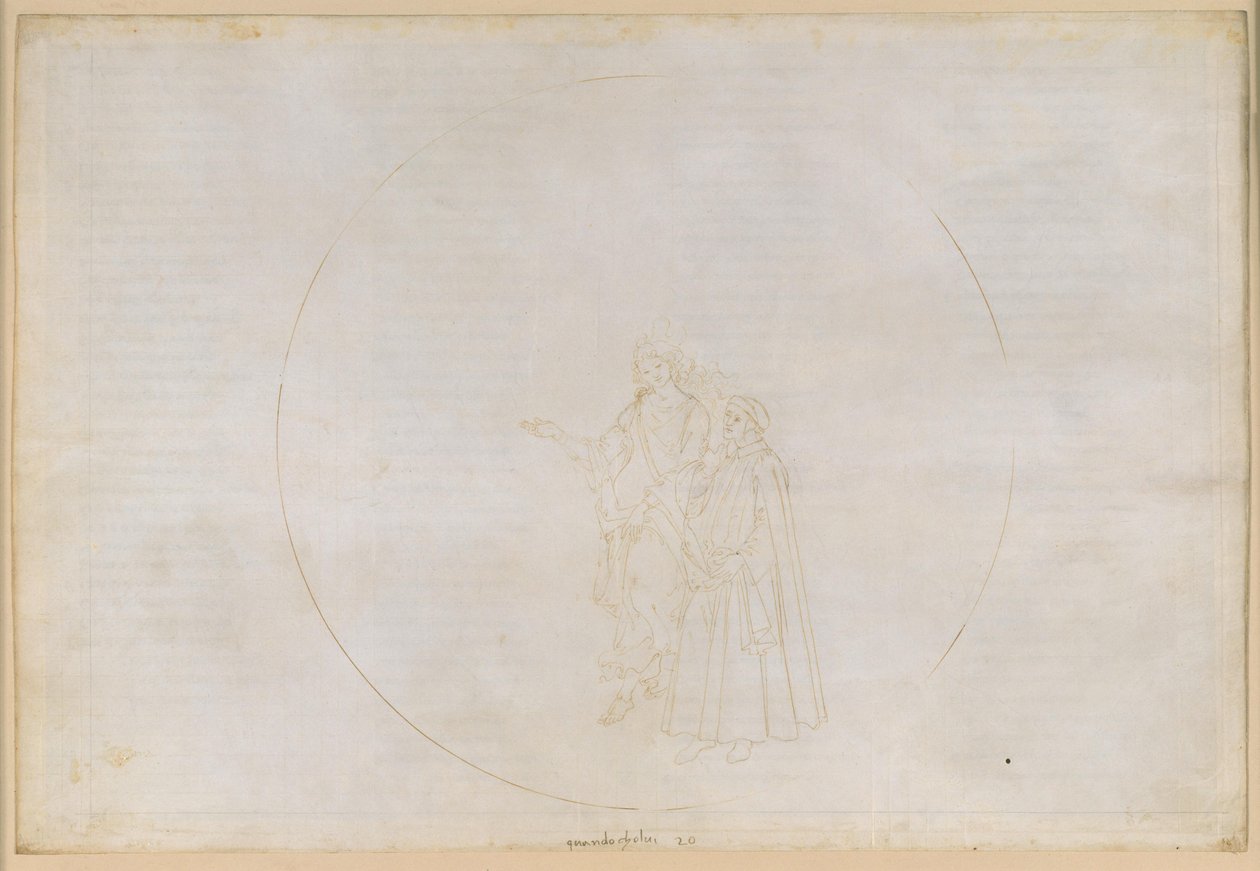 La Divina Commedia, Paradiso XX. Den sjette planetsfære (Jupiters himmel): Ørnen navngiver de flammer, der danner hans øje, herunder to hedninger, hvorpå Dantes tvivl næres og til sidst fjernes af Sandro Botticelli