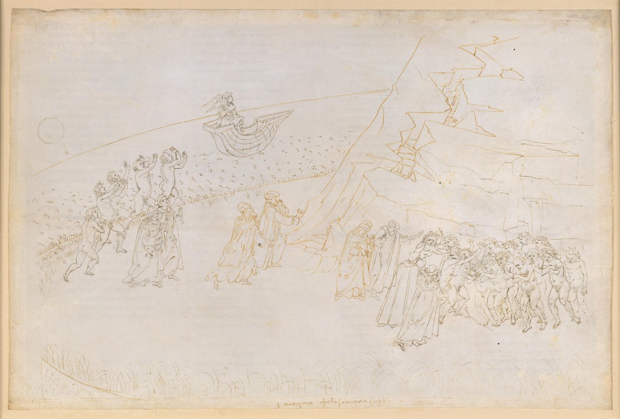 La Divina Commedia, Purgatorio III. Forpurgatorium (Inselring): De afdøde, der er udelukket fra kirken, gør bod; samtale med Manfred von Hohenstaufen af Sandro Botticelli