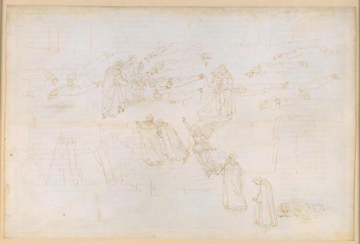 La Divina Commedia, Purgatorio XIX. Opstigningen til den femte ring i Purgatoriet: Dantes drøm om Siren; de grådige og de ødseles bod; samtale med Hadrian V. af Sandro Botticelli