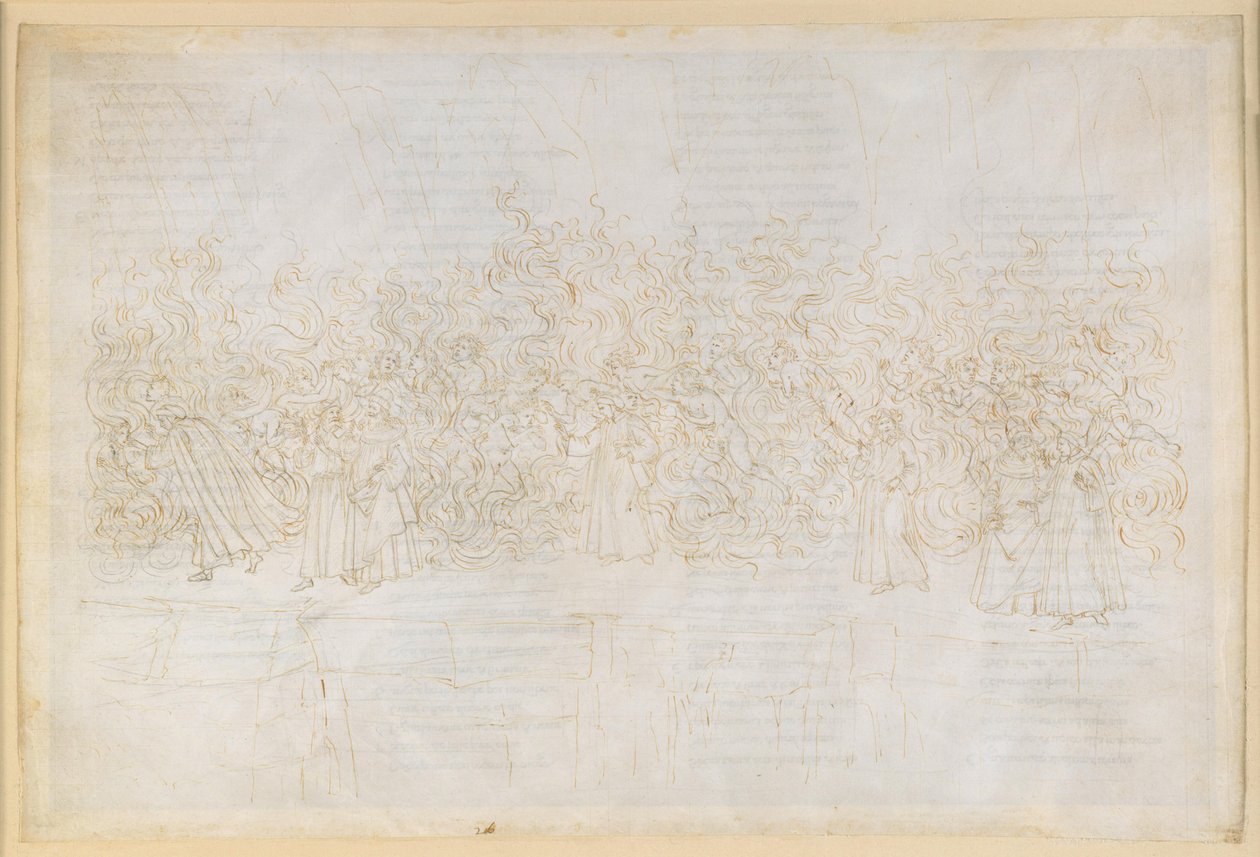 La Divina Commedia, Purgatorio XXVI. Purgatoriets syvende ring: De lystfuldes bod; Dantes samtale med Guido Guinizelli af Sandro Botticelli