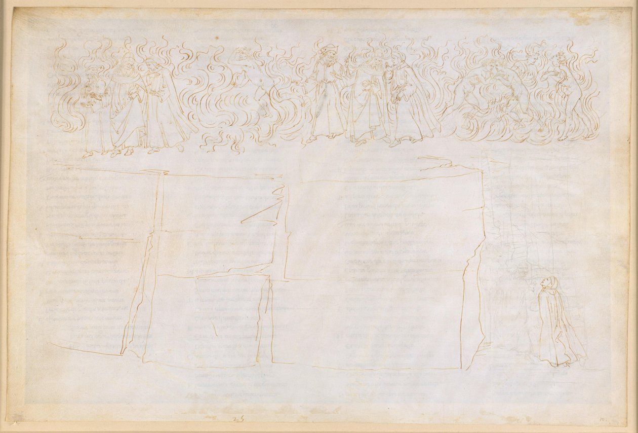 La Divina Commedia, Purgatorio XXV. Opstigningen til den syvende ring i Purgatoriet: Undervisning om skyggenes legemlighed; de lystfuldes bod af Sandro Botticelli