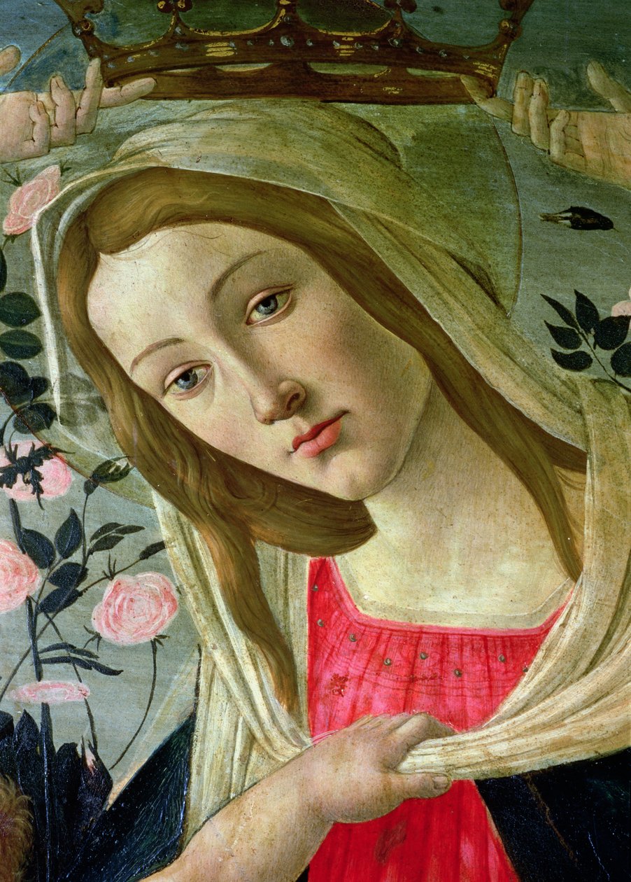 Madonna og barn kronet af engle, detalje af Madonna-olien på panelet af Sandro Botticelli
