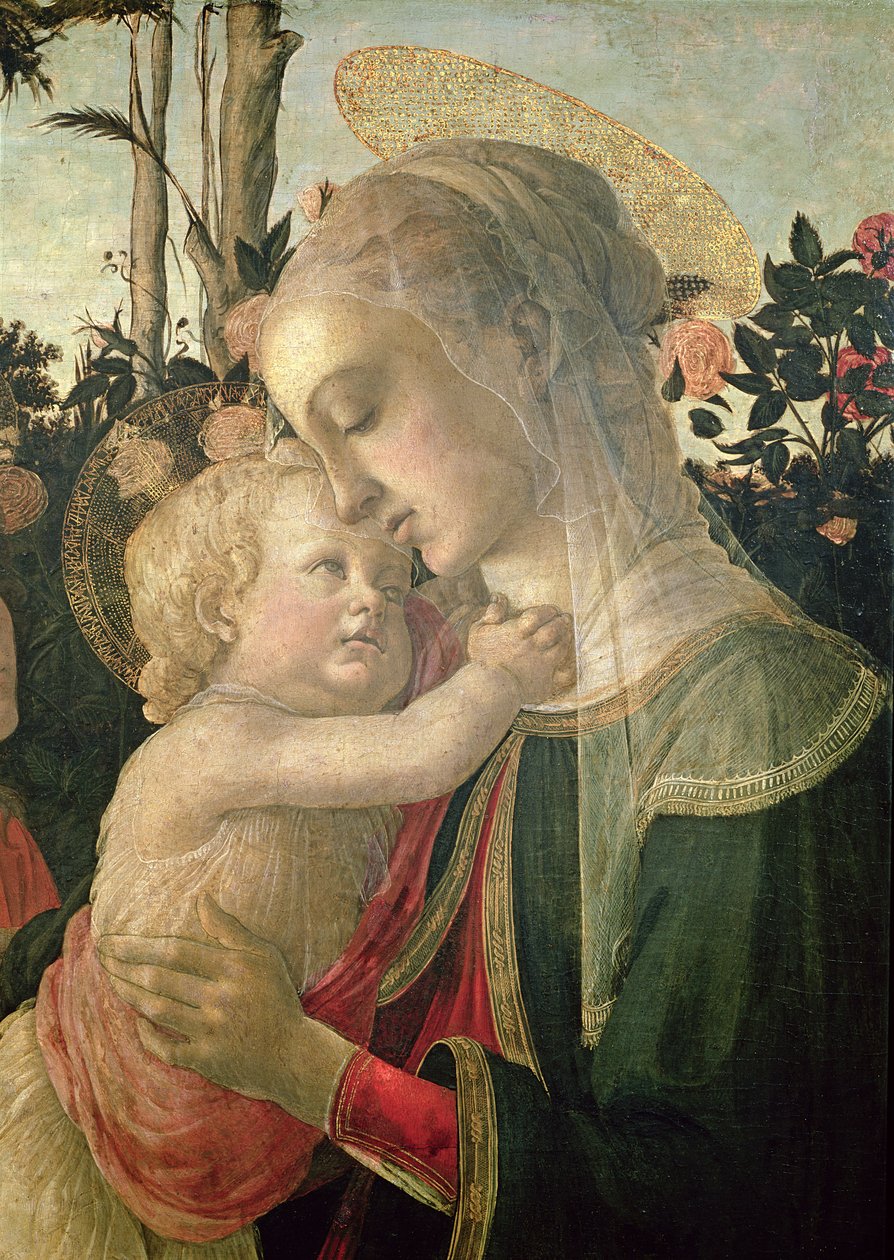 Madonna og barn med St. Johannes Døberen, detalje af Madonna og barn olie på paneldetalje fra 93886 af Sandro Botticelli