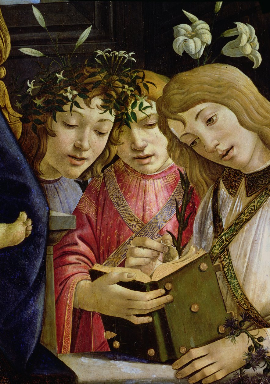 Madonna og barn med den unge St. Johannes Døberen og engle: detalje, der viser tre engle paneldetalje af 44353 af Sandro Botticelli