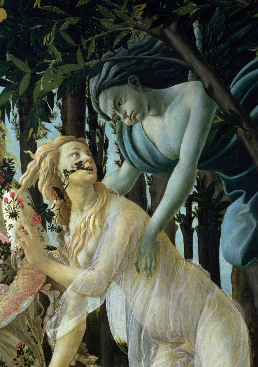 Primavera: Detalje af Zephyr og Flora tempera på panel af Sandro Botticelli