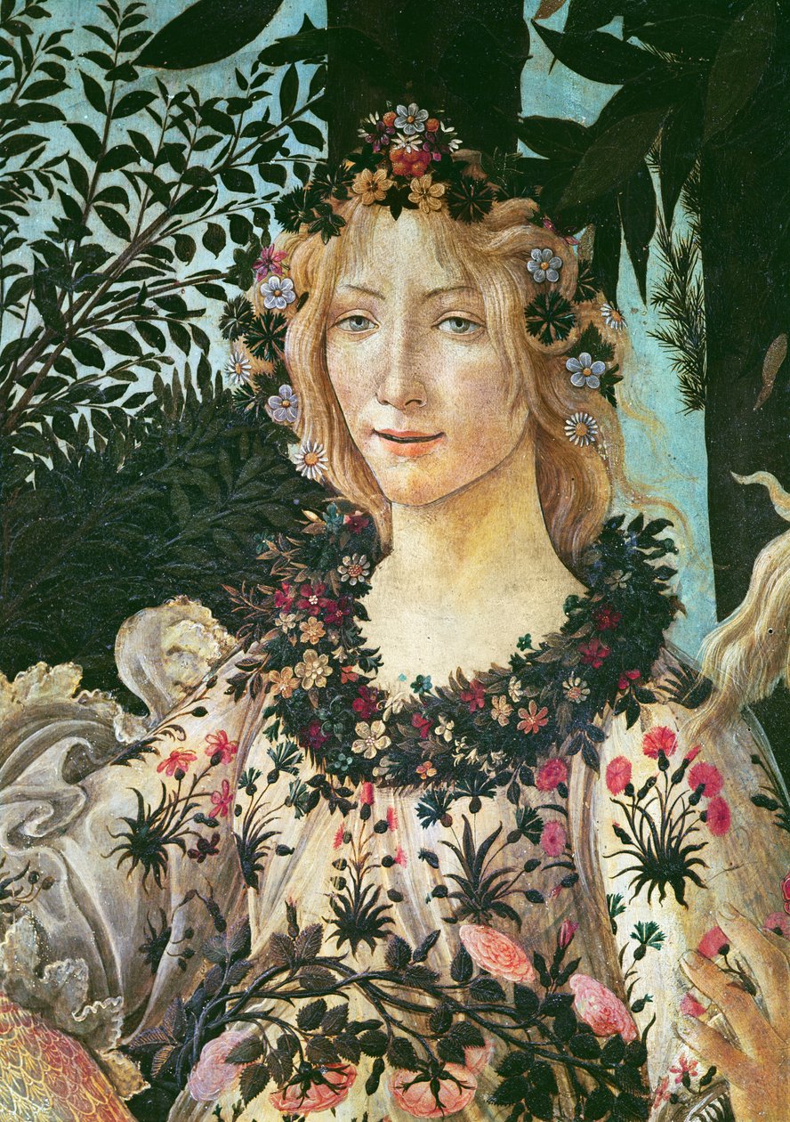 Primavera, detalje af Flora som forårets time, 1478 tempera på panel af Sandro Botticelli