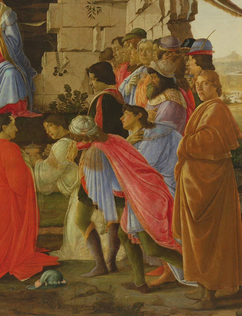 Magiernes tilbedelse, detalje af selvportræt og dem fra Medici-familien, se panel 395 af Sandro Botticelli