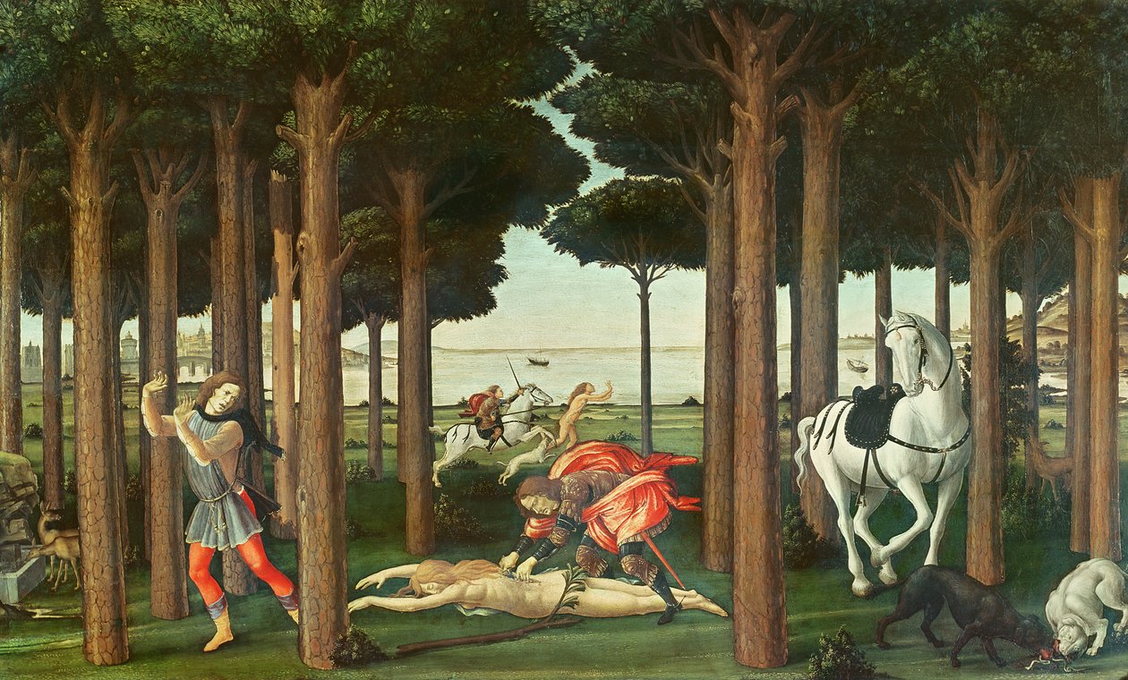 The Disembowelment of the Woman Pursued: Scene II af The Story of Nastagio degli Onesti, ca. 1483 (tempera på panel) af Sandro Botticelli
